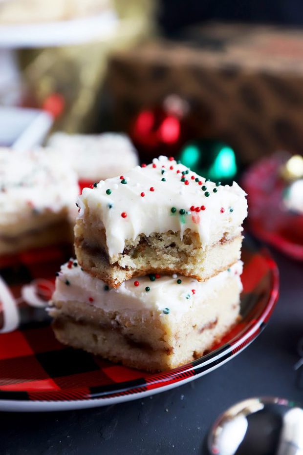 Stacked cookie bars on a festive plate photo