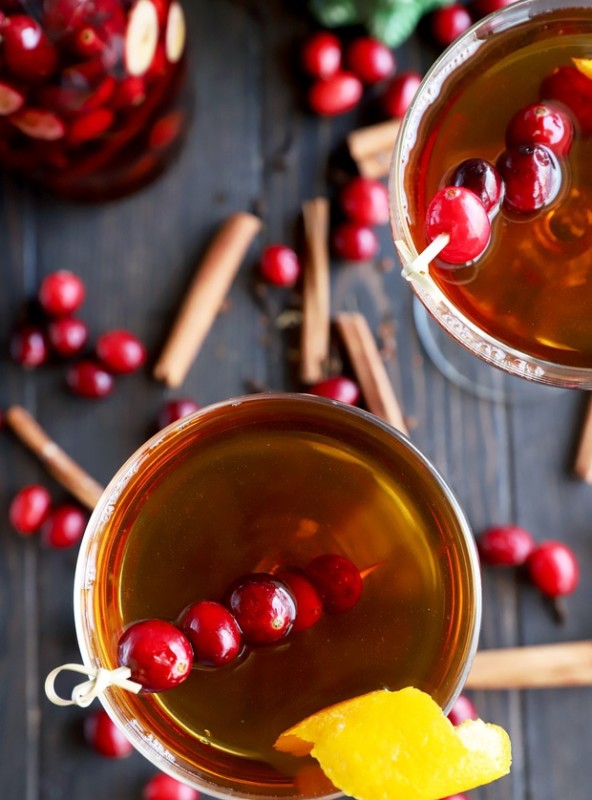 Overhead photo of a Manhattan with cranberry and spice