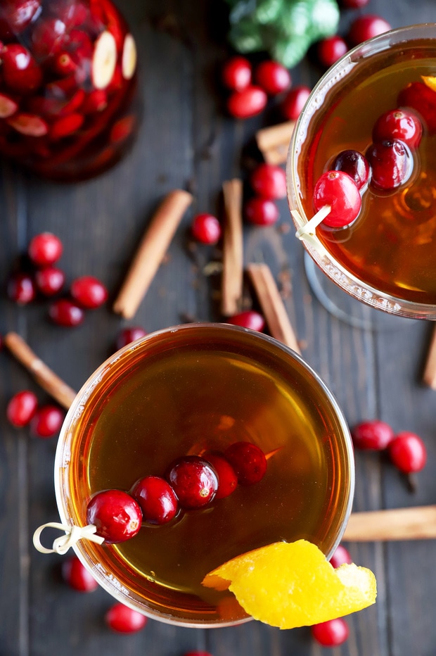 Overhead photo of a Manhattan with cranberry and spice