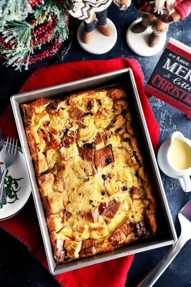 Overhead photo of panettone bread pudding in pan