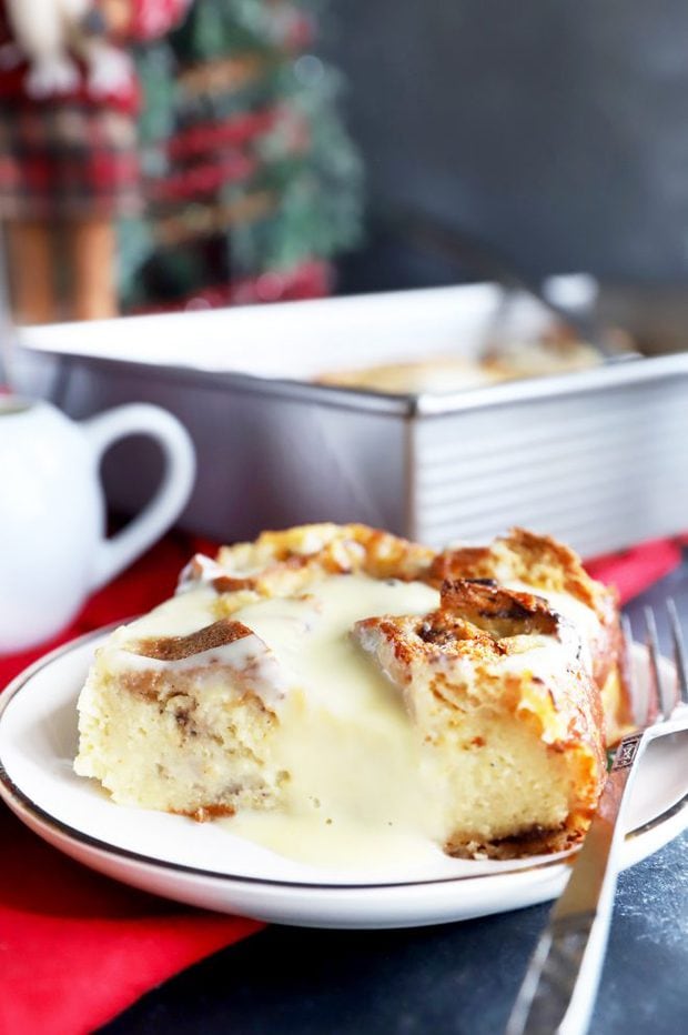 Side photo of a slice of panettone bread pudding