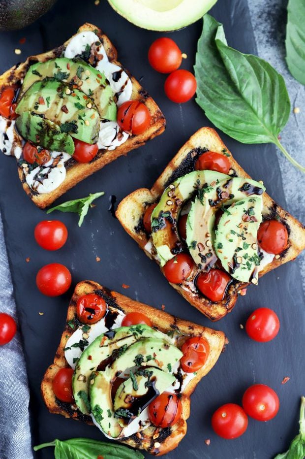 Overhead photo of open faced caprese sandwich