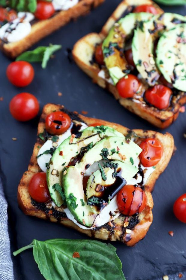 Top down photo of avocado caprese sandwich