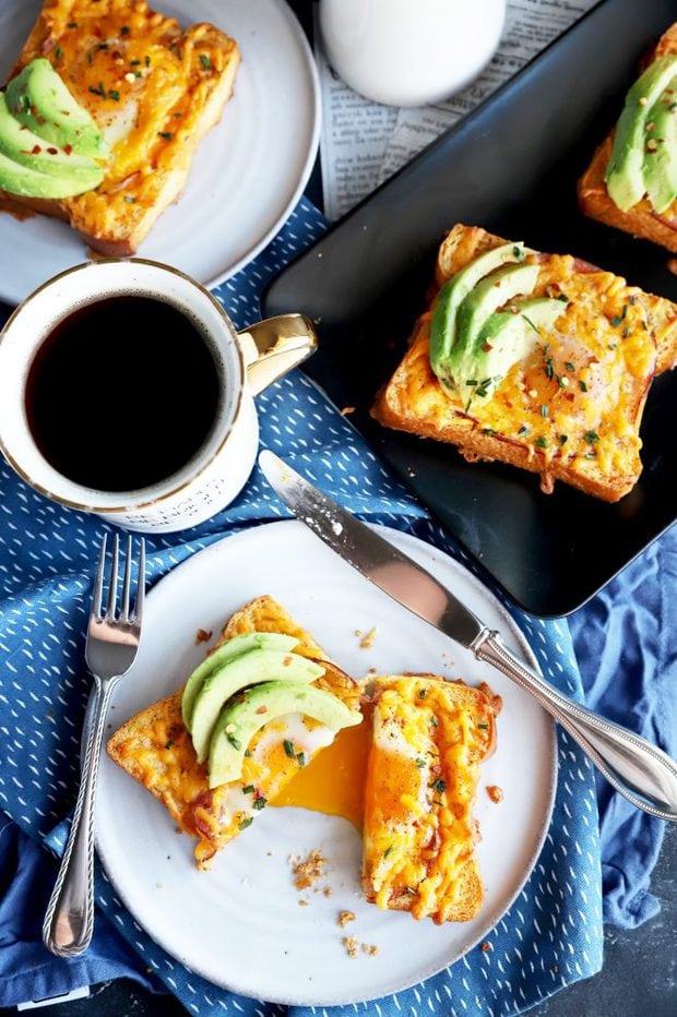 Overhead photo of egg in a hole for breakfast