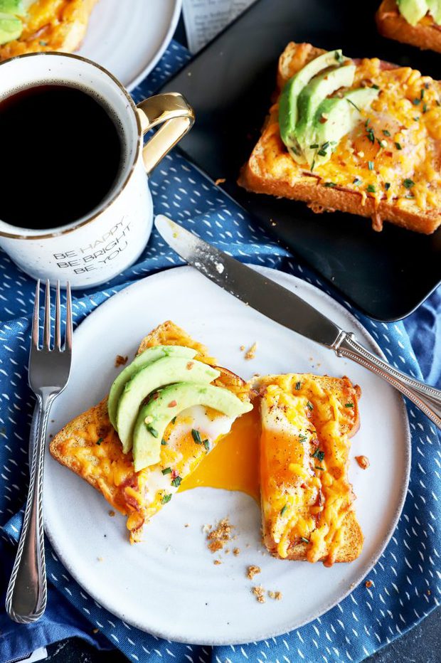 Overhead photo of cheesy egg in a hole