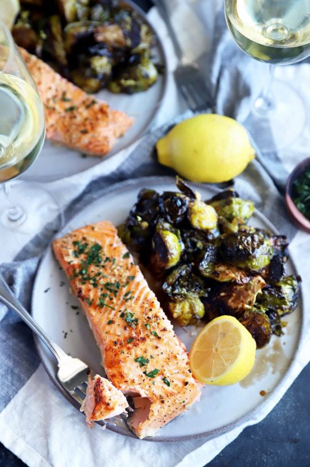 Overhead photo of lemon garlic baked salmon