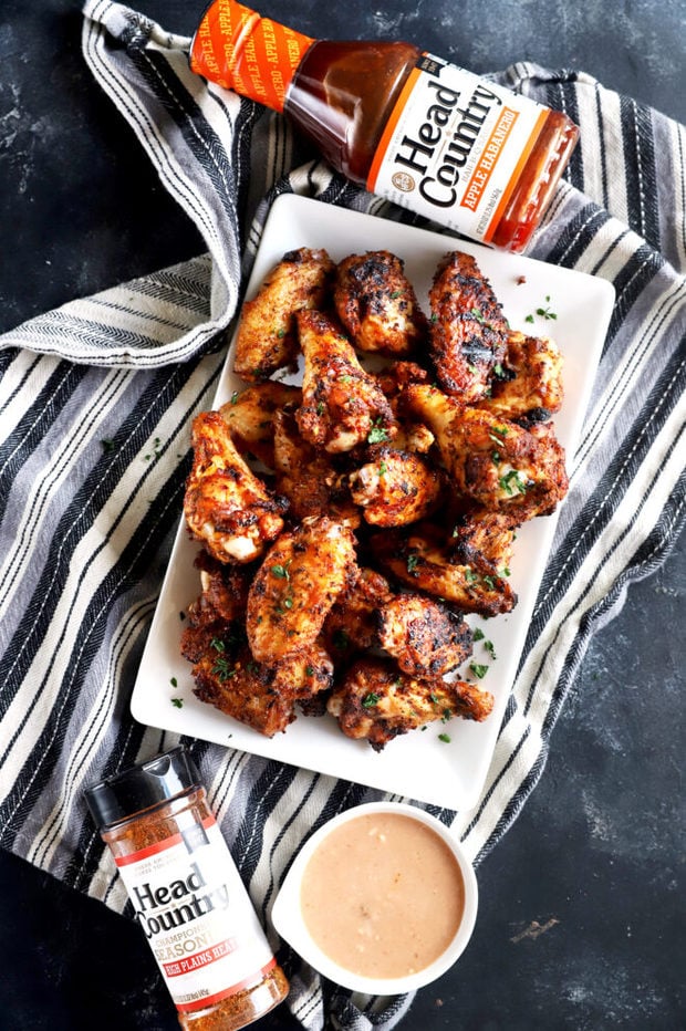 Overhead photo of wings on a platter with Head Country Bar-B-Q
