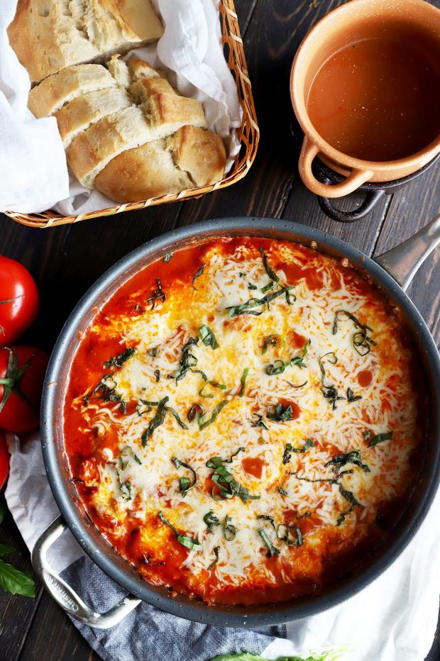 Overhead photo of gnocchi meat sauce skillet image