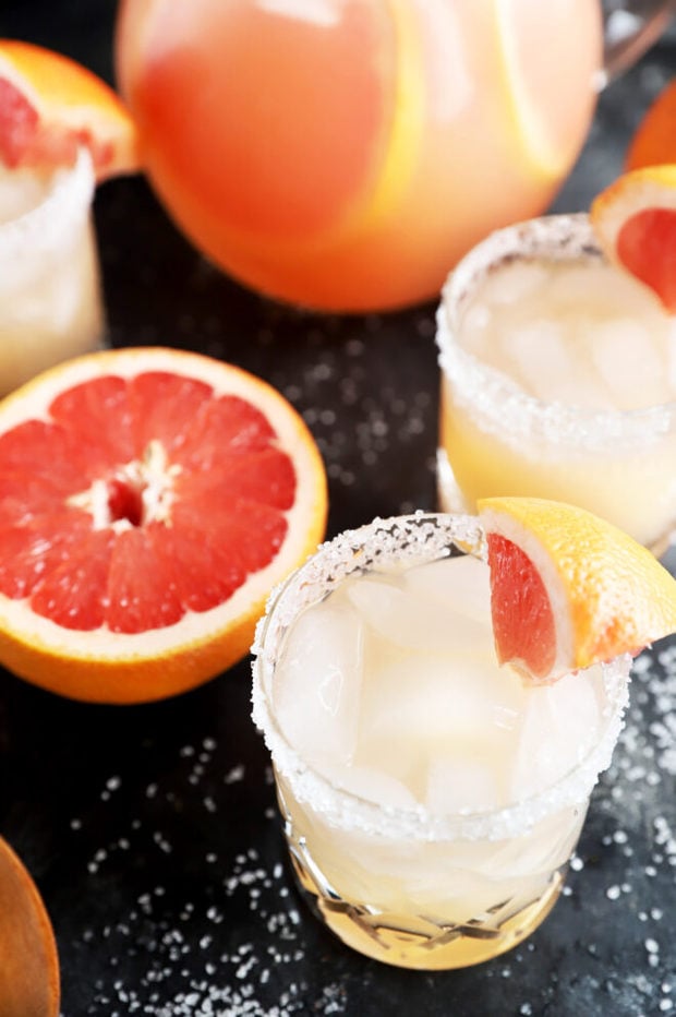 Overhead photo of grapefruit cocktail in glasses