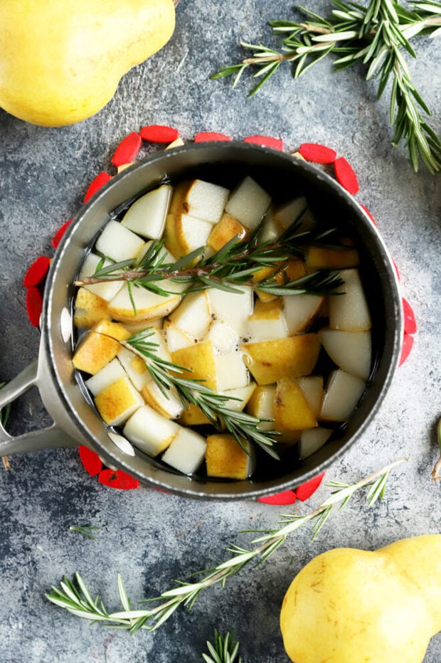 Pear rosemary simple syrup in a pan picture