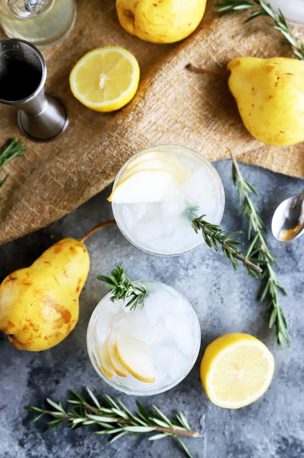 Overhead photo of pear rosemary gin and tonics