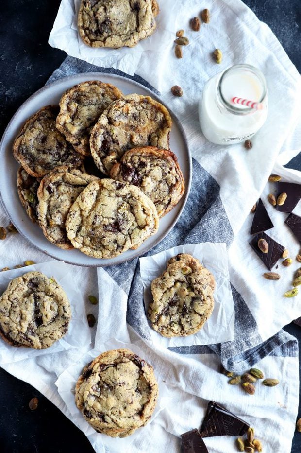 Overhead photos of chocolate chip cookies and milk
