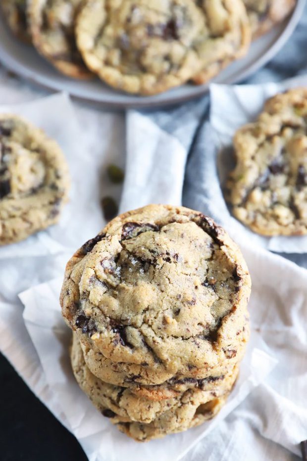 Overhead photo of stacked cookies with sea salt