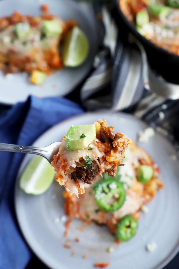 Fork of short ribs, cheese, and tortillas photo