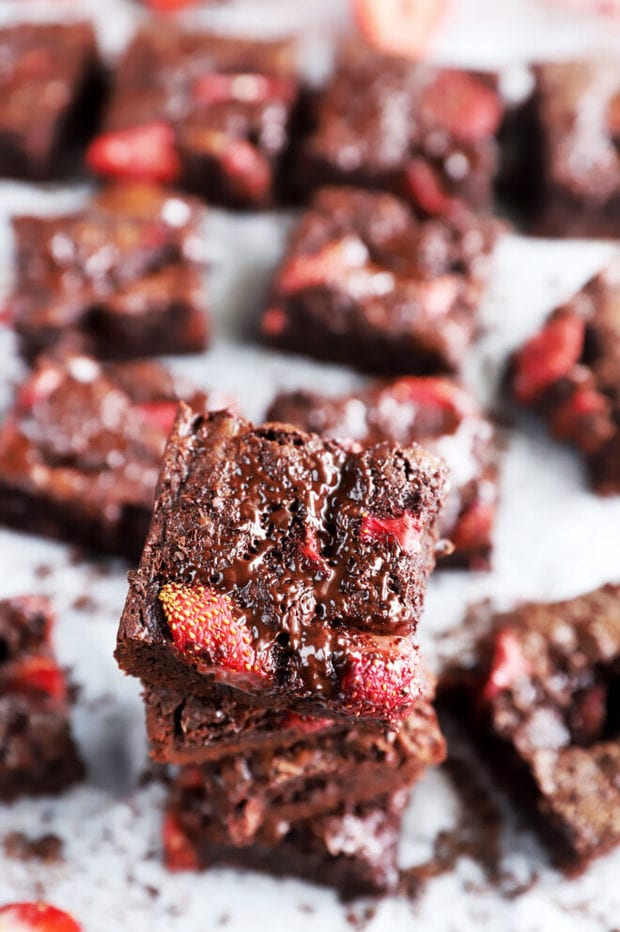 Overhead images of brownies stacked