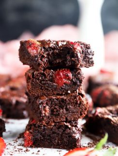 Bite out of a chocolate strawberry brownie photo