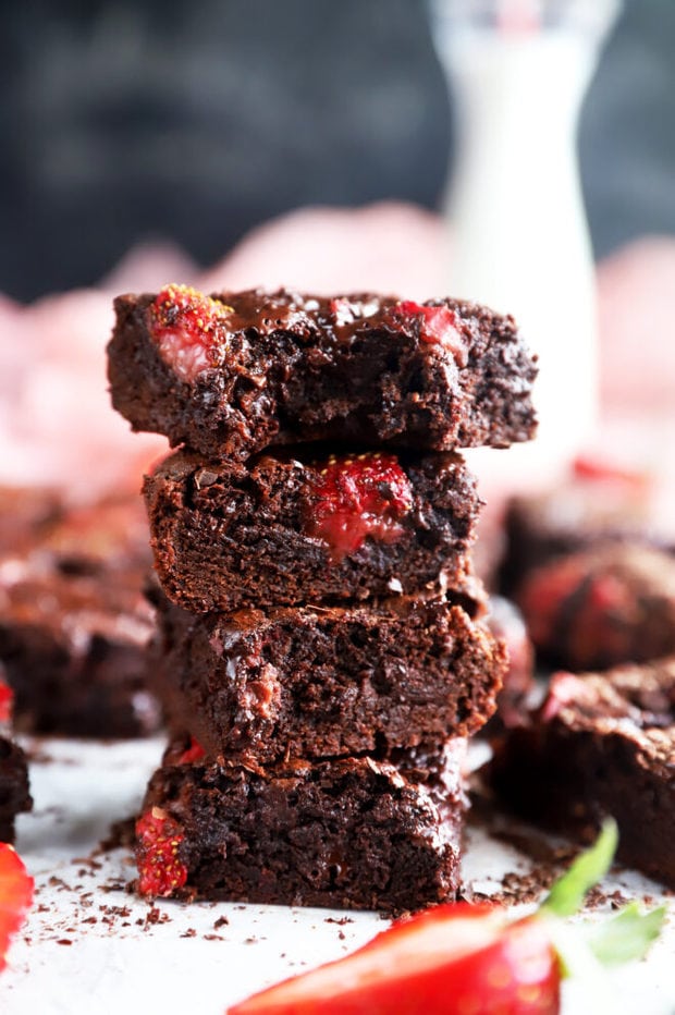 Bite out of a chocolate strawberry brownie photo