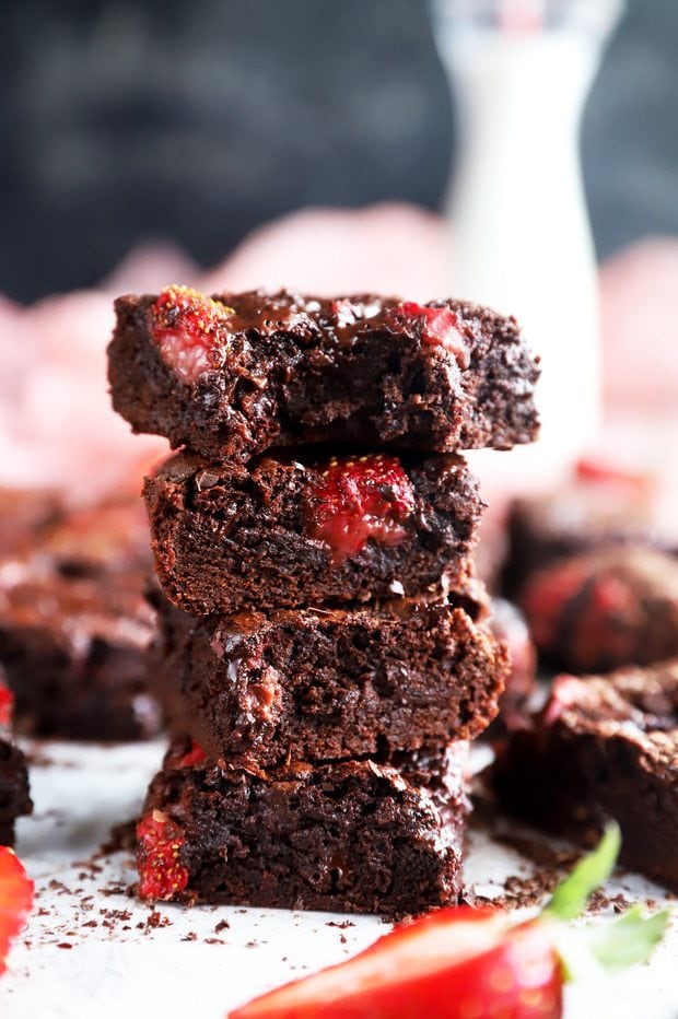 Bite out of a chocolate strawberry brownie photo