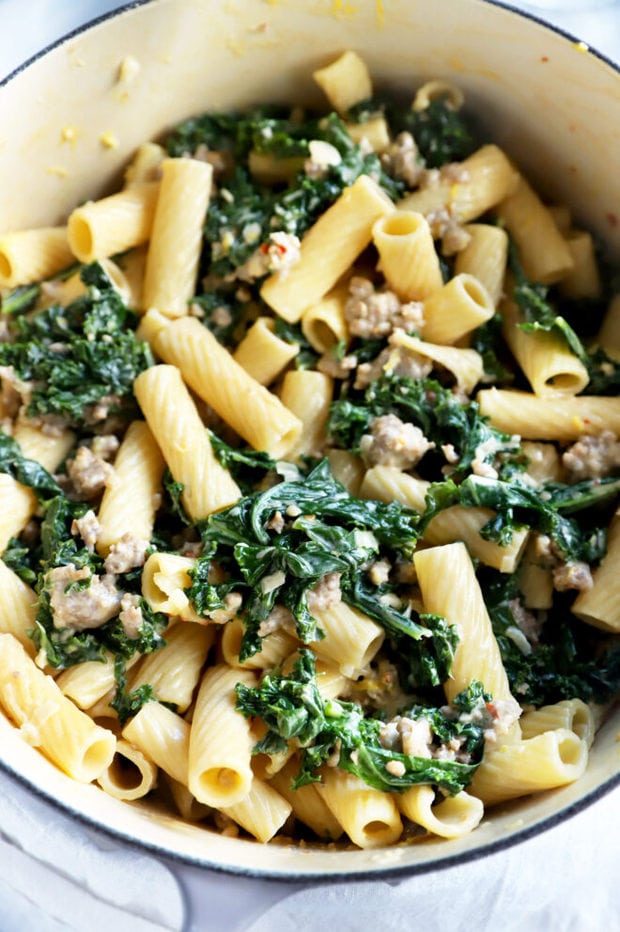 Kale rigatoni pasta in a large pot