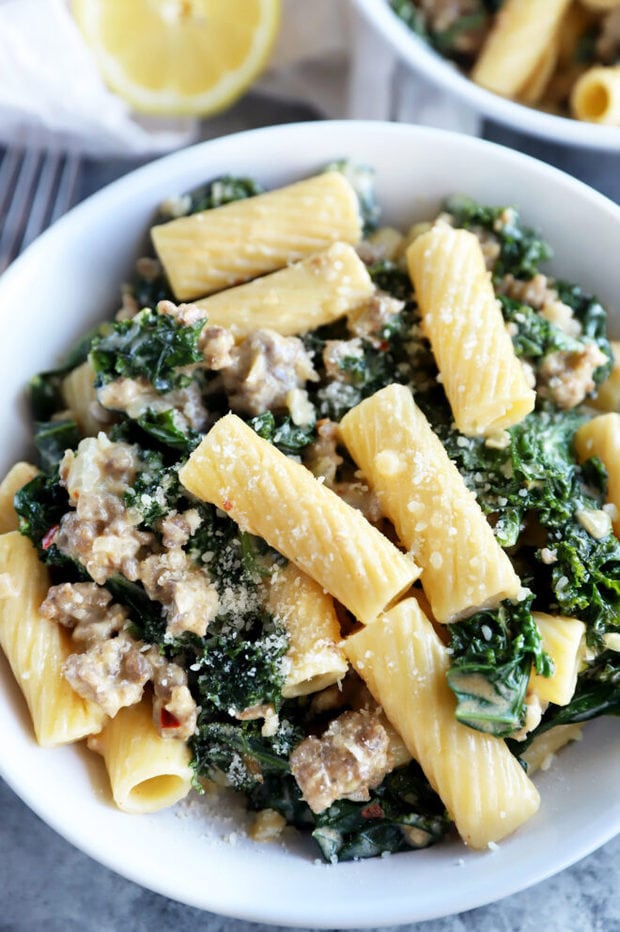 Lemon sausage pasta in a bowl picture