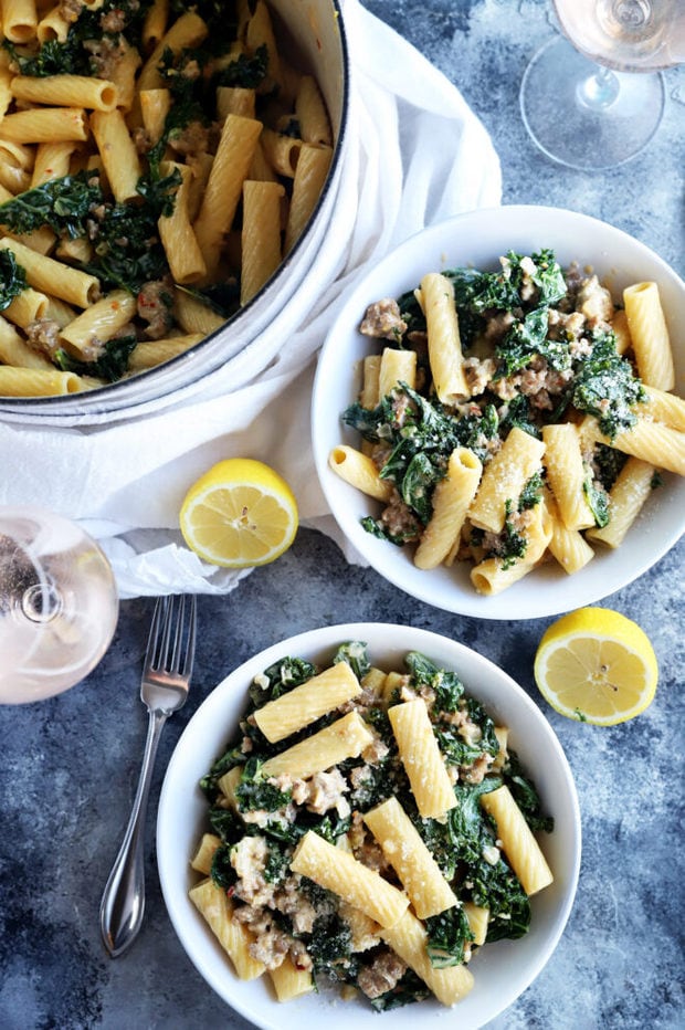 Rigatoni pasta in bowls with lemon photo