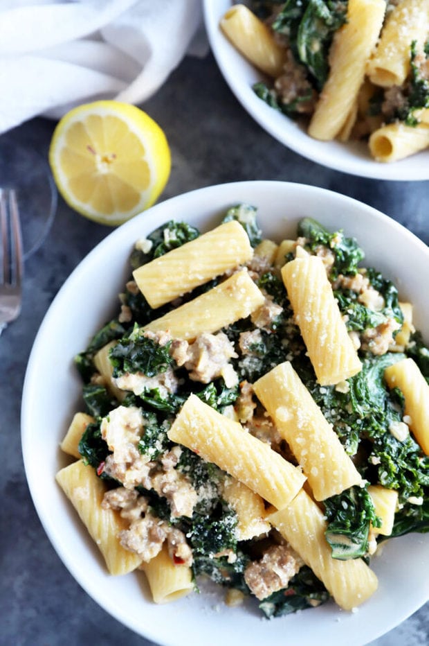 Kale sausage pasta in a bowl picture