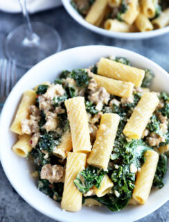 Overhead photo of kale sausage pasta