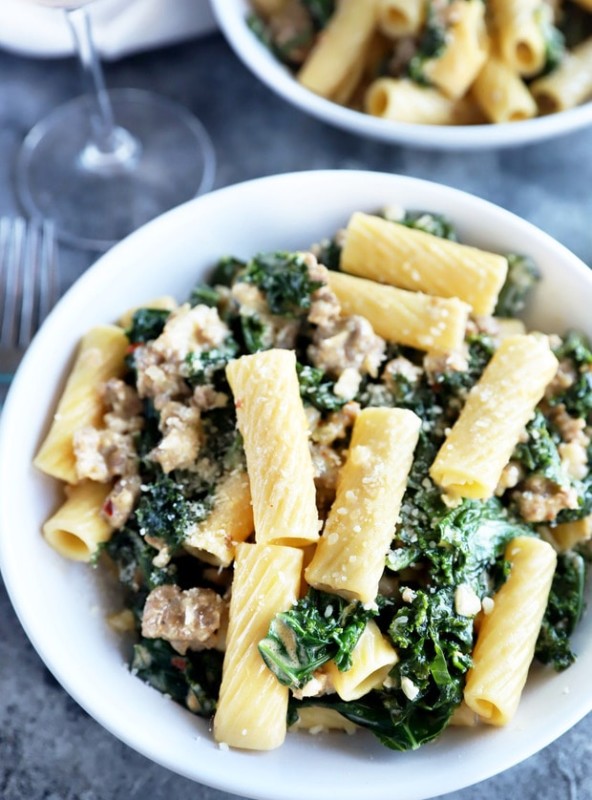 Overhead photo of kale sausage pasta