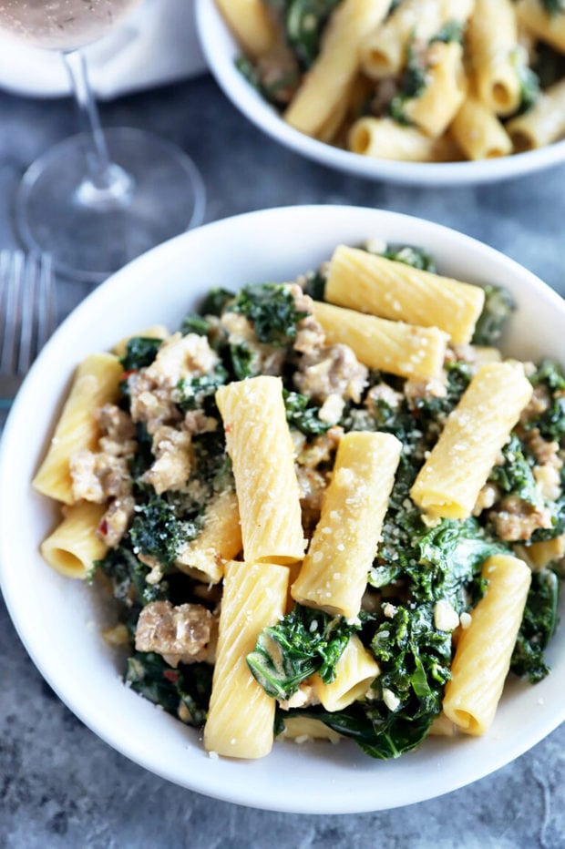 Overhead photo of kale sausage pasta