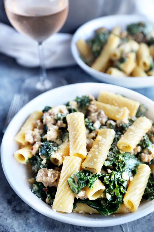 Side photo of kale rigatoni pasta