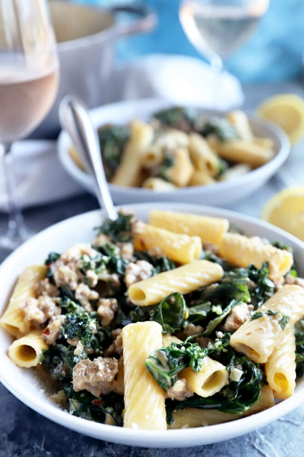 Sausage Kale Rigatoni pasta in a bowl photo