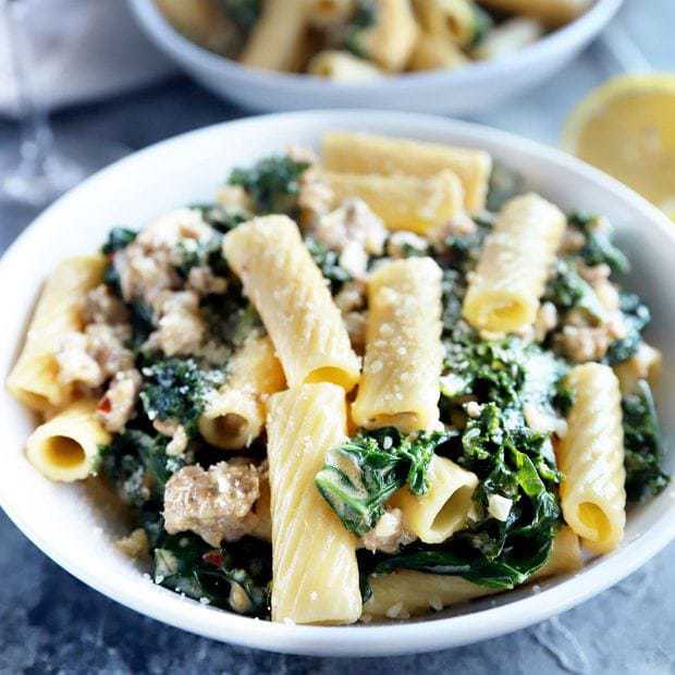 Creamy kale sausage rigatoni pasta thumbnail photo