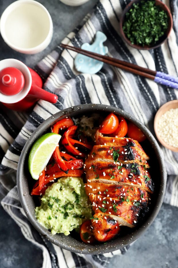 Overhead photo of Korean chicken rice bowls