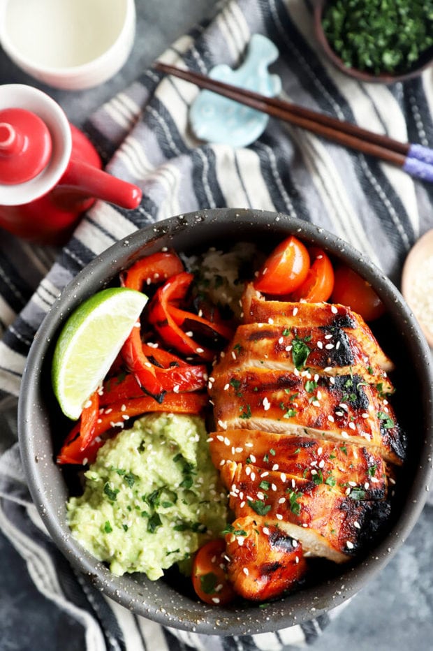 Korean chicken in a rice bowl photo