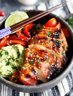 Side photo of Korean chicken rice bowl