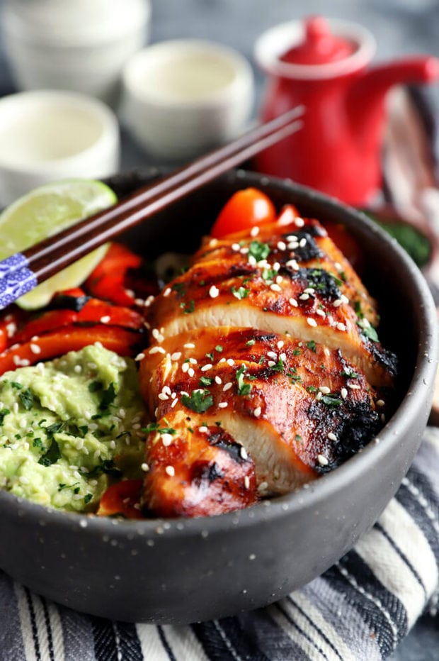 Korean grilled chicken sliced in bowl photo