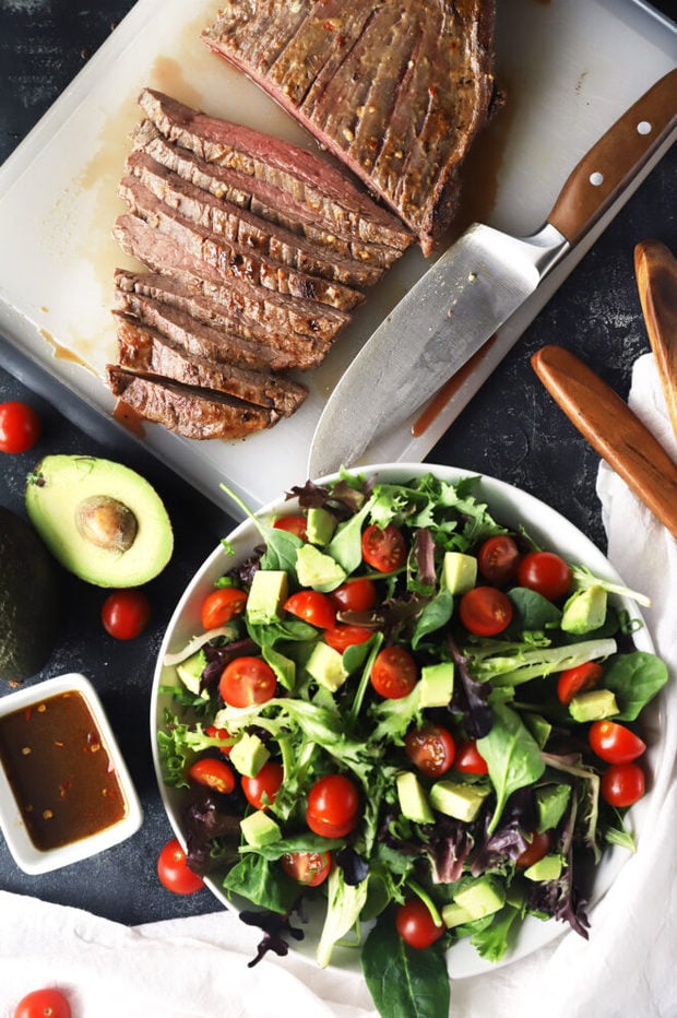 Ingredients for a miso marinated steak salad photo