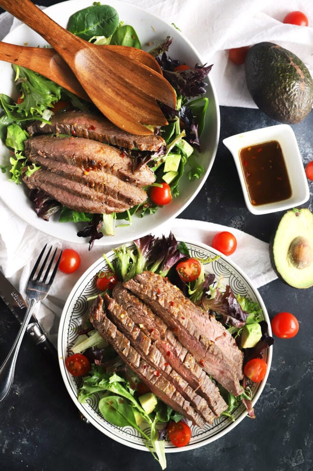 Overhead photo of miso steak salad with avocado