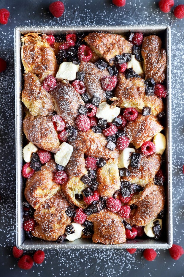 Overhead picture of raspberry chocolate croissant French toast bake