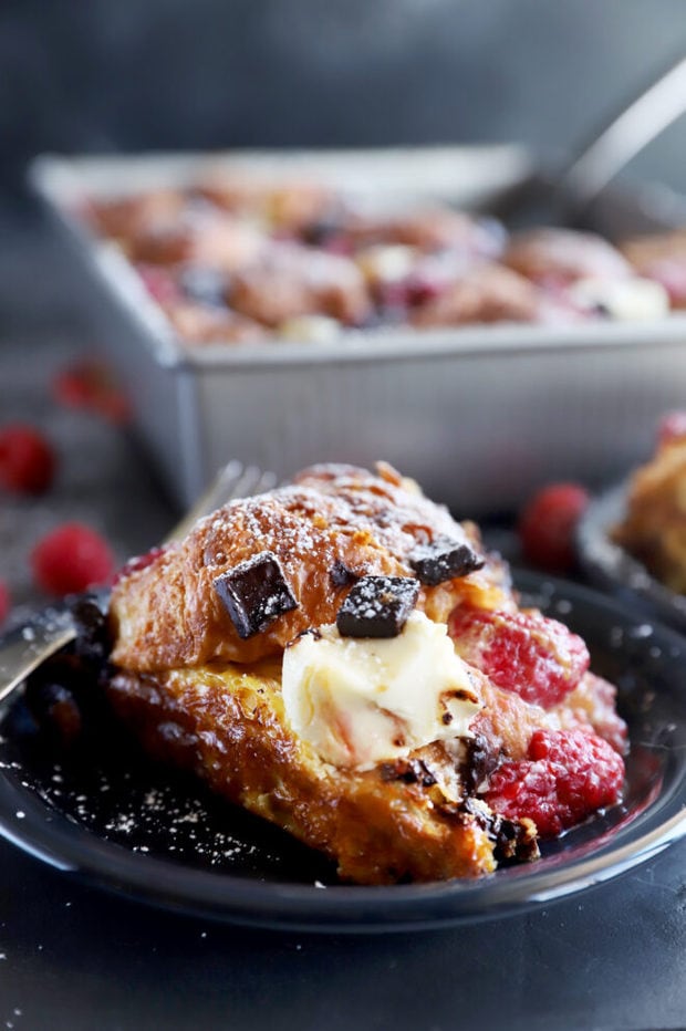 Raspberry chocolate croissant French toast bake picture