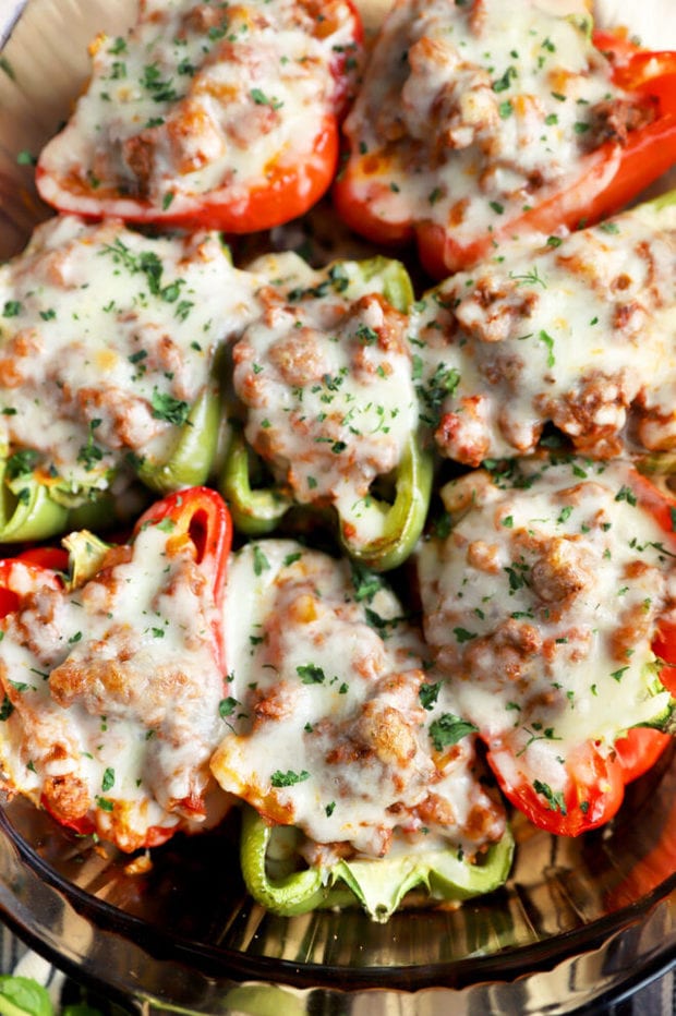 Spicy Italian stuffed peppers overhead photo