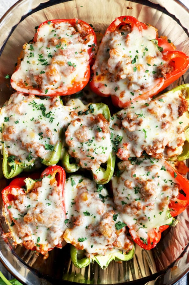 Stuffed peppers in a casserole dish