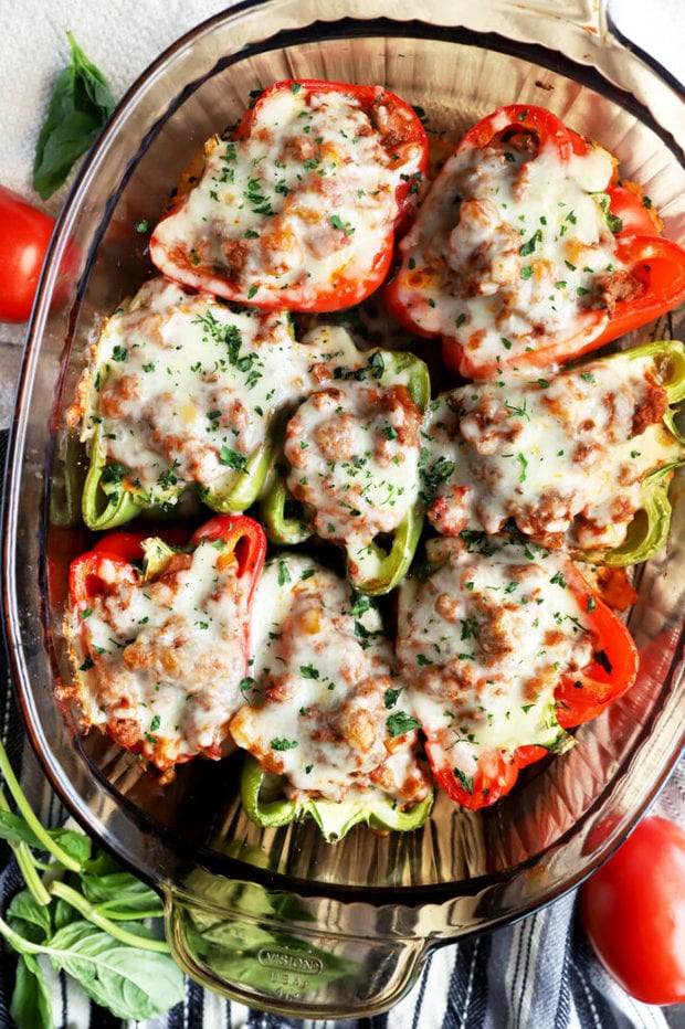 Overhead photo of stuffed peppers recipe