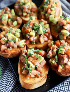 Photo of avocado bruschetta on a platter