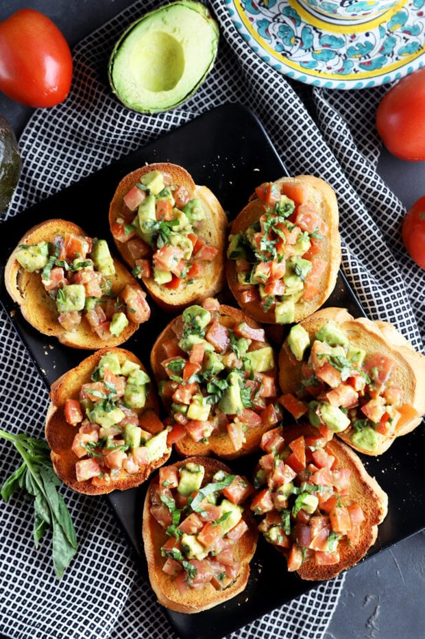 Overhead photo of bruschetta on a plate