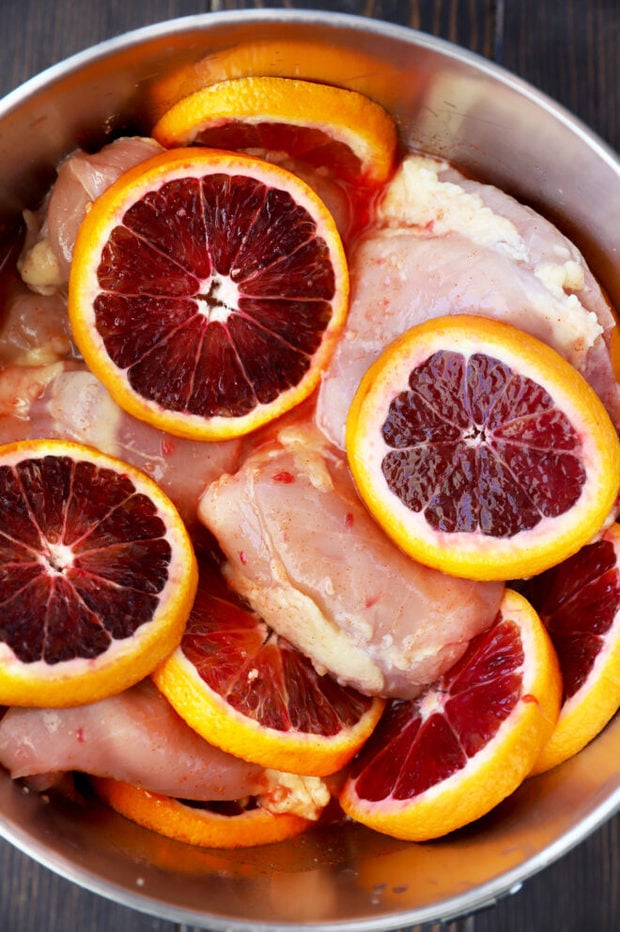 Blood orange honey ginger chicken in a bowl photo