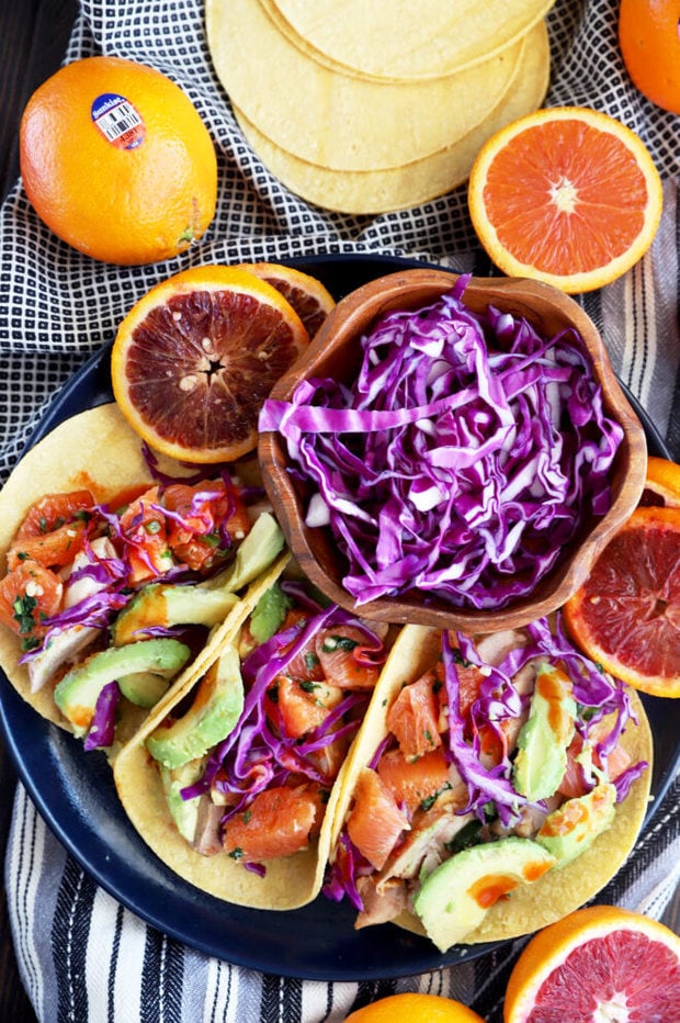 Overhead photo of orange ginger chicken tacos