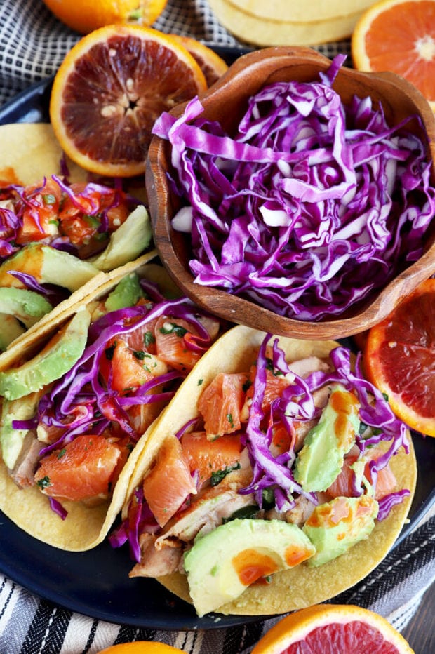 Plate of honey ginger chicken tacos image