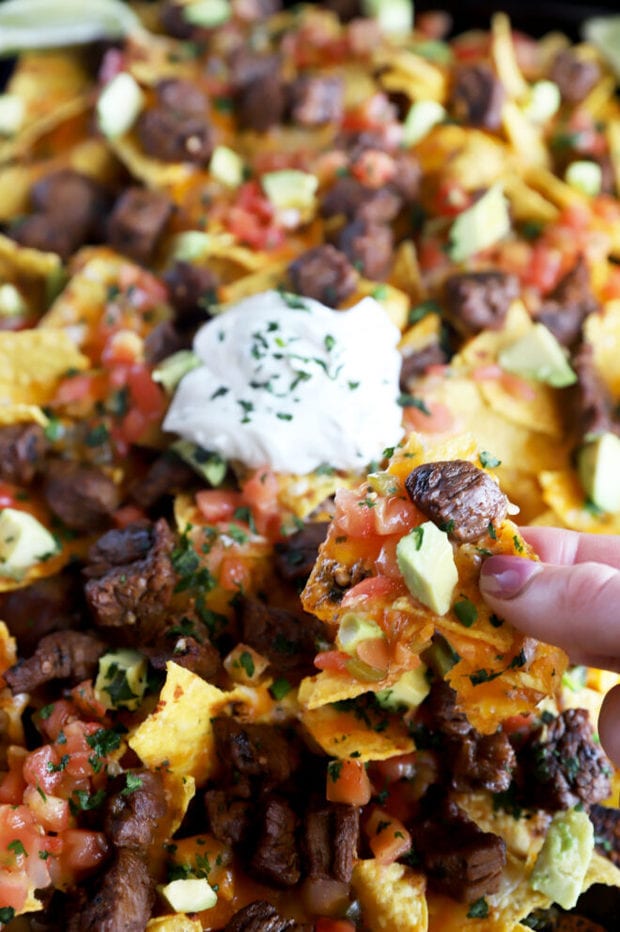 Hand holding carne asada nachos photo