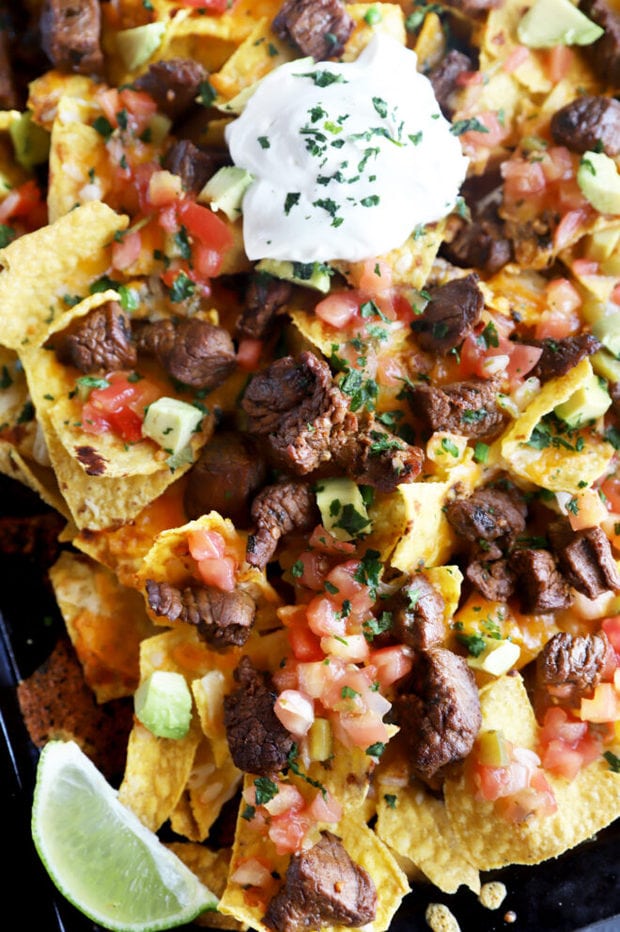 Carne asada nachos on a pan picture